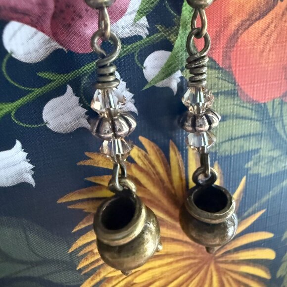 Handmade Earring Set Champagne Crystal Elemental Witch & Brass Ox Cauldron Charm - Picture 3 of 5